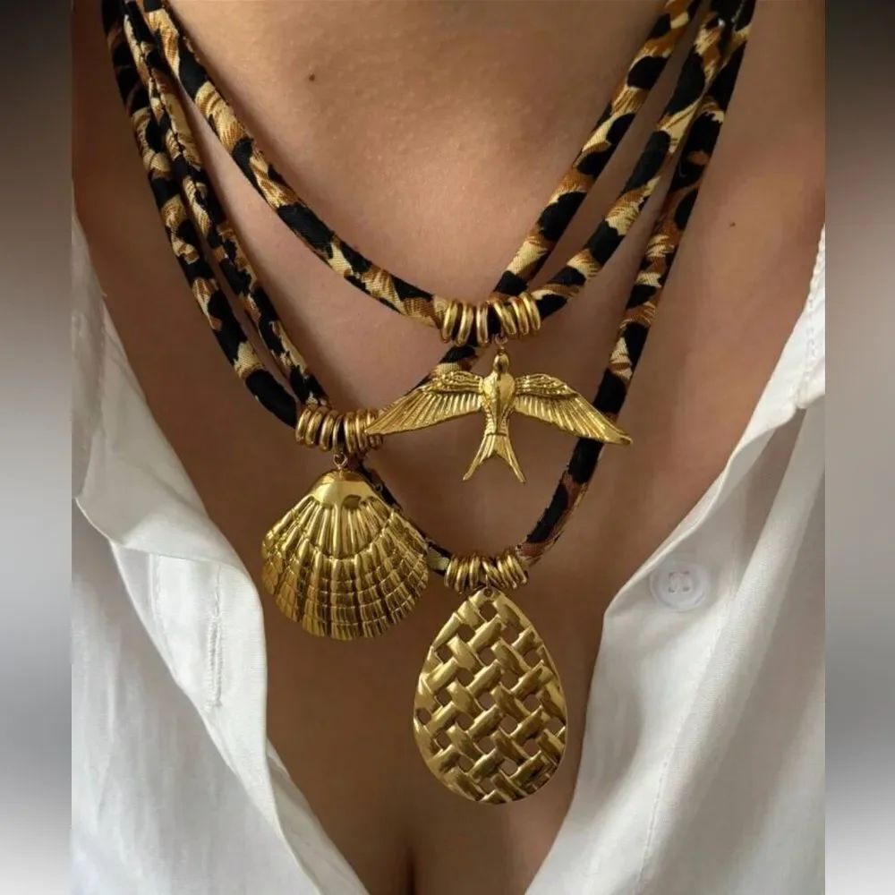 Gold Pendant Necklace with Animal Print Cord N980